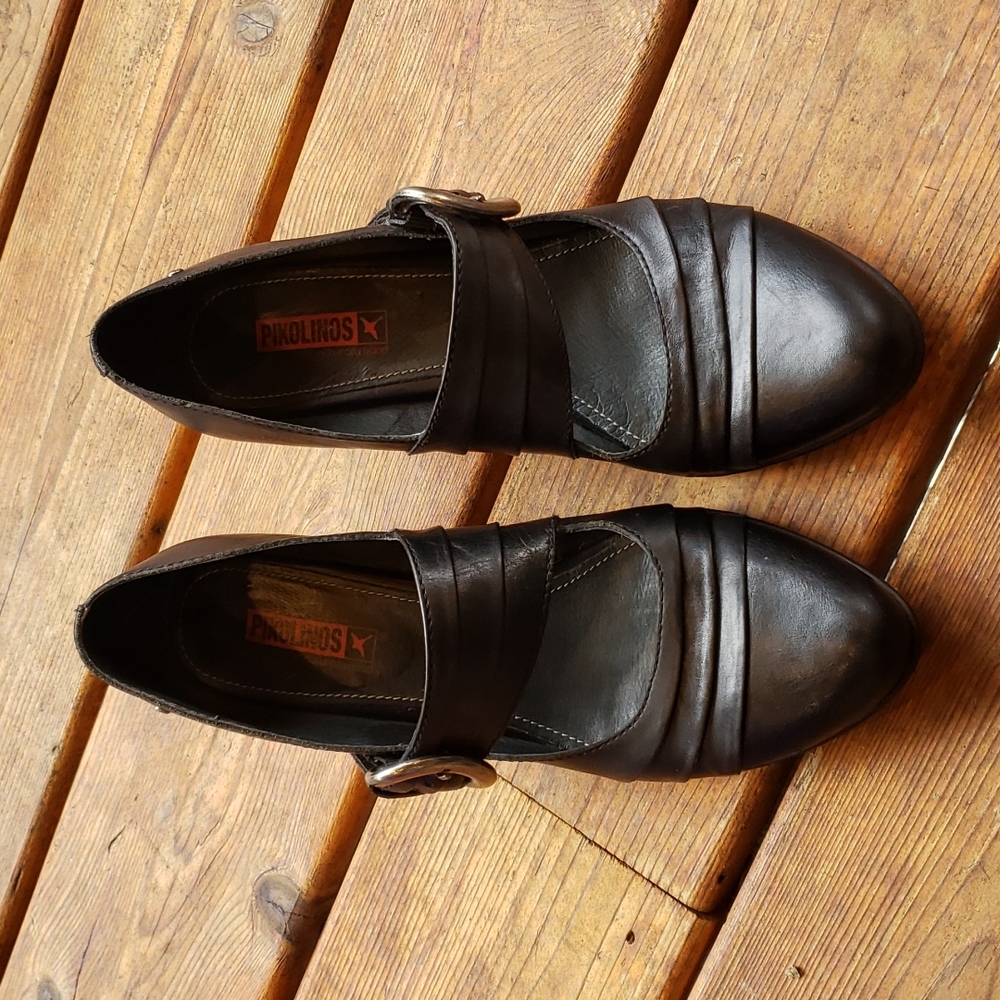 PIKOLINOS Black Ginebra Avellana Pleated Leather Wedge Mary Jane sz 41/10.5-11